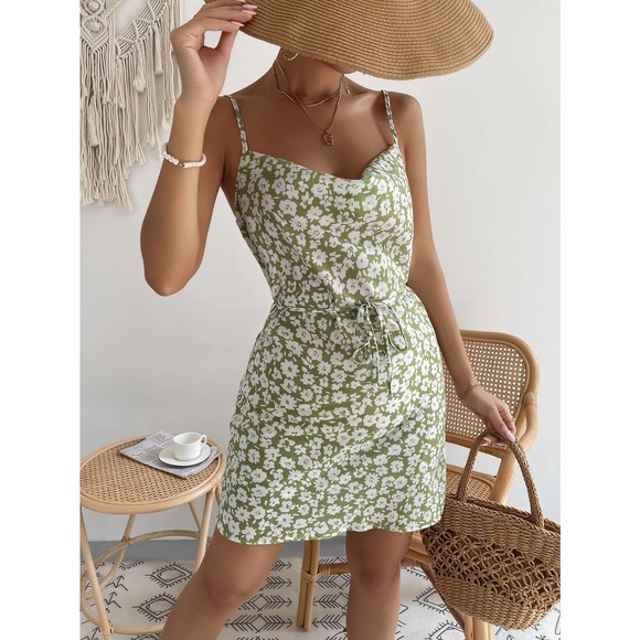 Boho Floral Print cowl neck Belted Cami Dress green - Picture 4 of 5